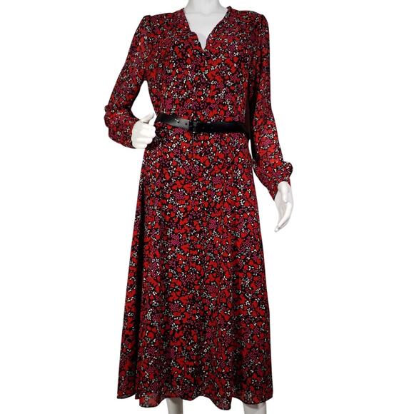 Michael Kors Red Floral Chiffon Midi Dress | Size Medium | Long Sleeve NWOT - Picture 1 of 6